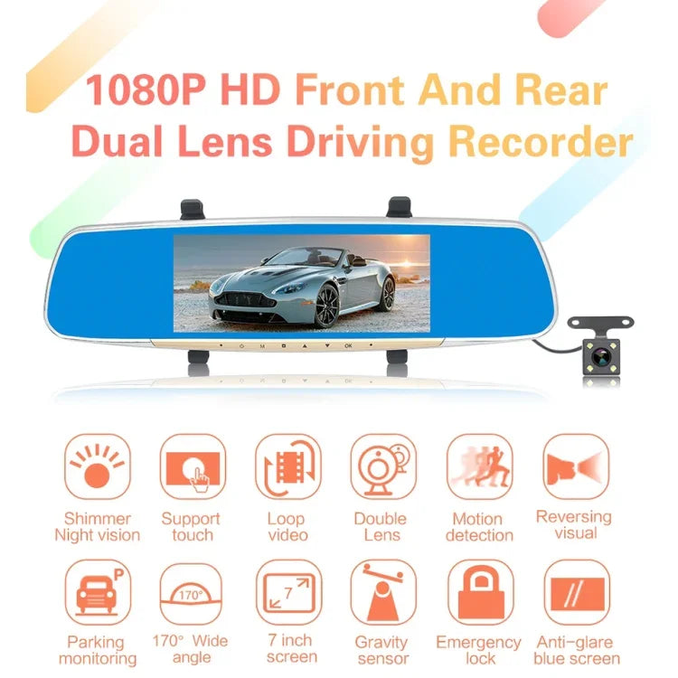 V100 7-Zoll-LCD-Touchscreen-Rückspiegel-Autorecorder mit separater Kamera, 170 Grad Weitwinkel, unterstützt Nachtsicht/Loop-Video/Bewegungserkennung/G-Sensor/TF-Karte, 7 Zoll