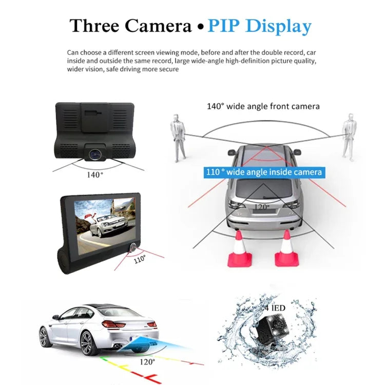 4,0 Zoll IPS-Bildschirm 5,0 Megapixel 170 Grad Weitwinkel Full HD 1080P 3 Kanäle Video Auto DVR, unterstützt Nachtsicht-Fülllicht / Rückfahrvisualisierung / TF-Karte (max. 32 GB) / G-Sensor / Bewegungserkennung, 170 Grad