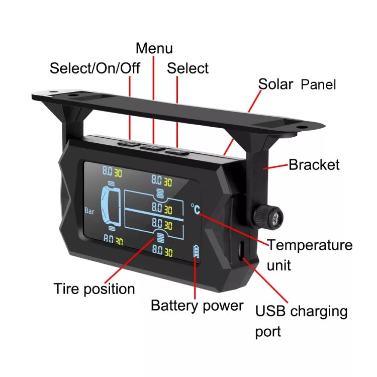 8 Bar Solar Wireless Tire Pressure Monitoring System TPMS 6 External Sensors for 6-wheel Truck Bus, 8Bar