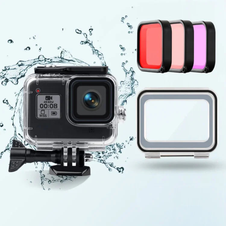 45 m wasserdichtes Gehäuse + Touch-Rückseite + violett-rot-pinker Objektivfilter für GoPro HERO8 Black, Gehäuse + Touch-Abdeckung + 3-Farben-Filter für GoPro 8