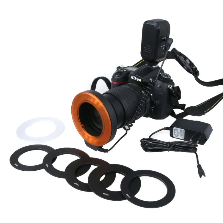 Runde LED-Taschenlampe mit 48 LEDs und 6 Adapterringen (49 mm/52 mm/55 mm/58 mm/62 mm/67 mm) für Makroobjektive