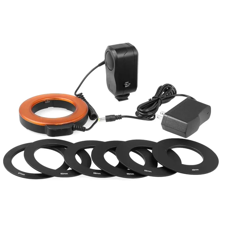 Runde LED-Taschenlampe mit 48 LEDs und 6 Adapterringen (49 mm/52 mm/55 mm/58 mm/62 mm/67 mm) für Makroobjektive