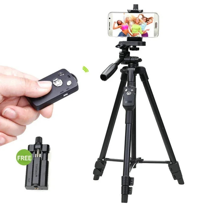 YUNTENG VCT-5208RM Stativ mit Beinen aus Aluminium-Magnesium-Legierung, Bluetooth-Fernbedienung, Stativkopf und Handyhalterung für Spiegelreflexkameras und Smartphones, Höhe: 125 cm, VCT-5208