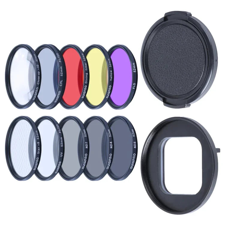 RUIGPRO Professioneller 52-mm-10-in-1-Filter für GoPro HERO10 Black / HERO9 Black (UV+ND2+ND4+ND8+Star 8++CPL+Gelb/Rot/Violett+10x Nahaufnahmefilter) inklusive Filteradapterring und Objektivdeckel