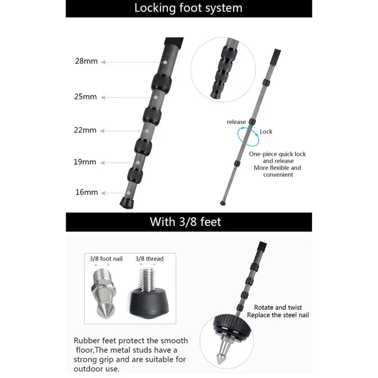 BEXIN MCS285 Tragbarer Reise-Outdoor-DSLR-Kamera-Einbeinstativhalter aus Kohlefaser, MCS285