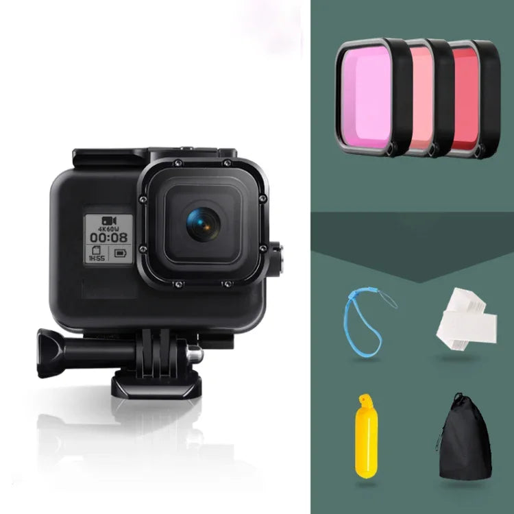 Für GoPro HERO8 Black 45m wasserdichtes Gehäuse Schutzhülle mit Schnallen-Basishalterung &amp; Schraube &amp; (lila, rot, pink) Filter &amp; Schwimmkörpergriff &amp; Gurt &amp; Antibeschlag-Einsätze, transparentes HERO8 Gehäuse + Filter