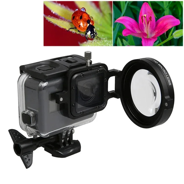 Professionelles 58-mm-16x-Makroobjektiv mit Nahaufnahmefilter für GoPro HERO5 Sport Action-Kamera, inklusive Objektivfuß, Adapterring, Objektivschutzkappe, Handschlaufe und Reinigungstuch.