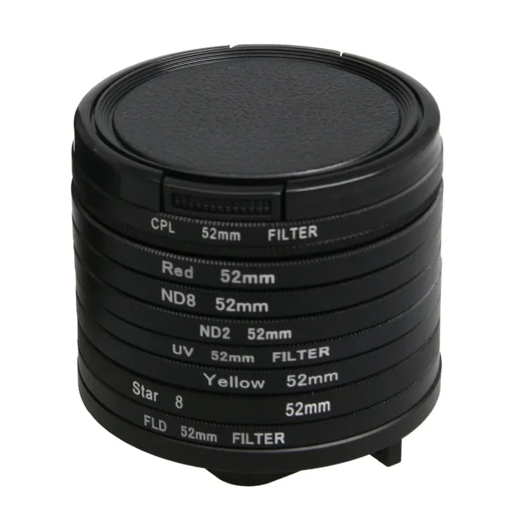 Professioneller 52-mm-Objektivfilter (CPL + UV + ND8 + ND2 + Star 8 + Rot + Gelb + FLD/Lila) &amp; wasserdichter Gehäuseadapterring, 10-in-1