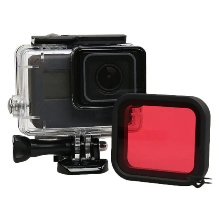 Schutzhülle für GoPro HERO5 (30 m wasserdicht) aus PC &amp; ABS + Rotes Quadratfilter für Kameraobjektiv mit Schnallenbefestigung, langer Schraube und Anti-Verlust-Handschlaufe, Schutzhülle + Filter