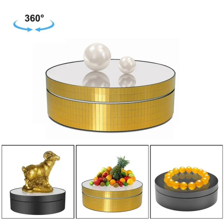 12 cm großer, um 360 Grad drehbarer Spiegel mit elektrischem Displayständer, ideal für Videoaufnahmen und als Requisite. Tragkraft: 3 kg. Erhältlich mit goldenen und silbernen Pailletten.