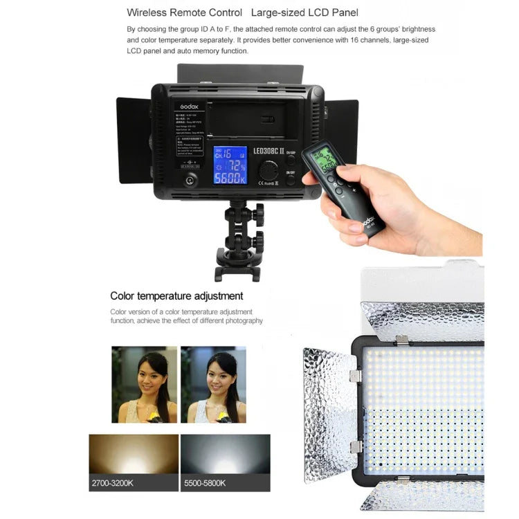 Godox LED308C II 308 LEDs Dimmbare Fotoleuchte 860 LUX Professionelle Vlogging-Video- und Fotostudioleuchte für Canon / Nikon DSLR-Kameras