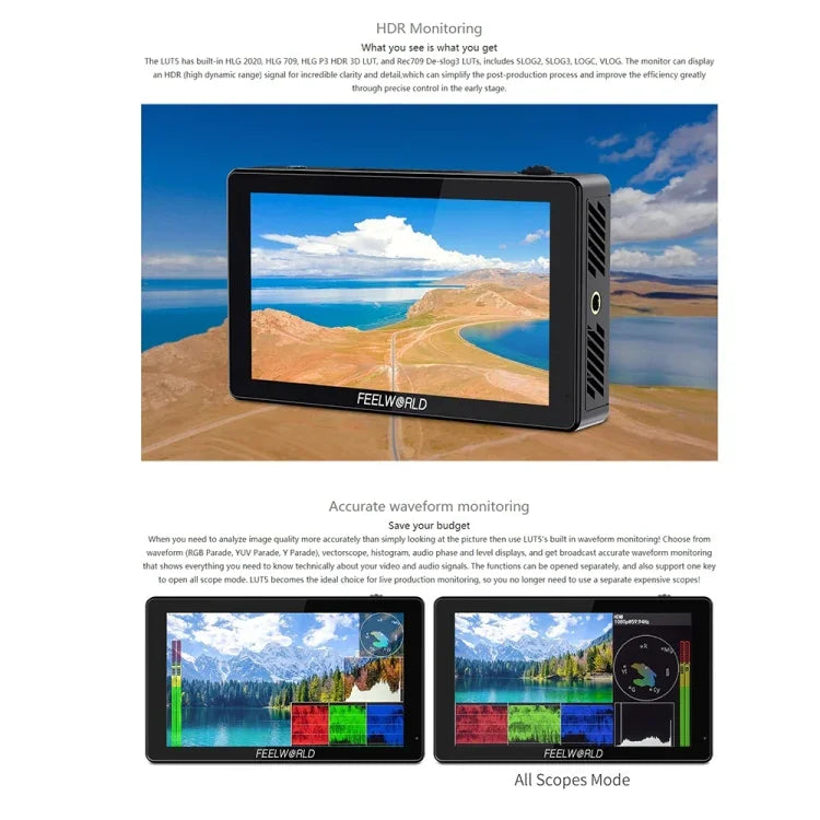 FEELWORLD LUT5 5,5 Zoll Ultraheller 3000-Nit-Touchscreen-Feldmonitor für DSLR-Kameras, LUT5