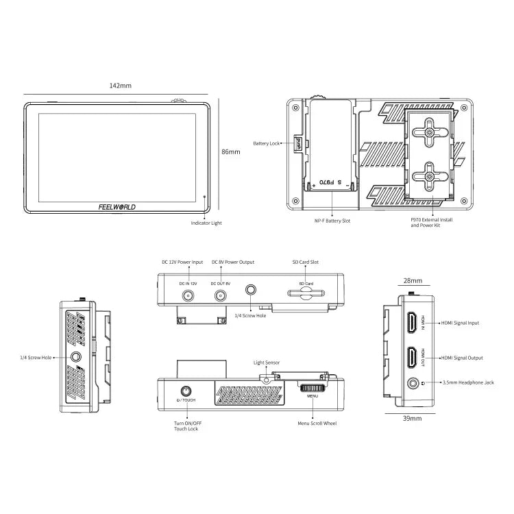 FEELWORLD LUT5 5,5 Zoll Ultraheller 3000-Nit-Touchscreen-Feldmonitor für DSLR-Kameras, LUT5