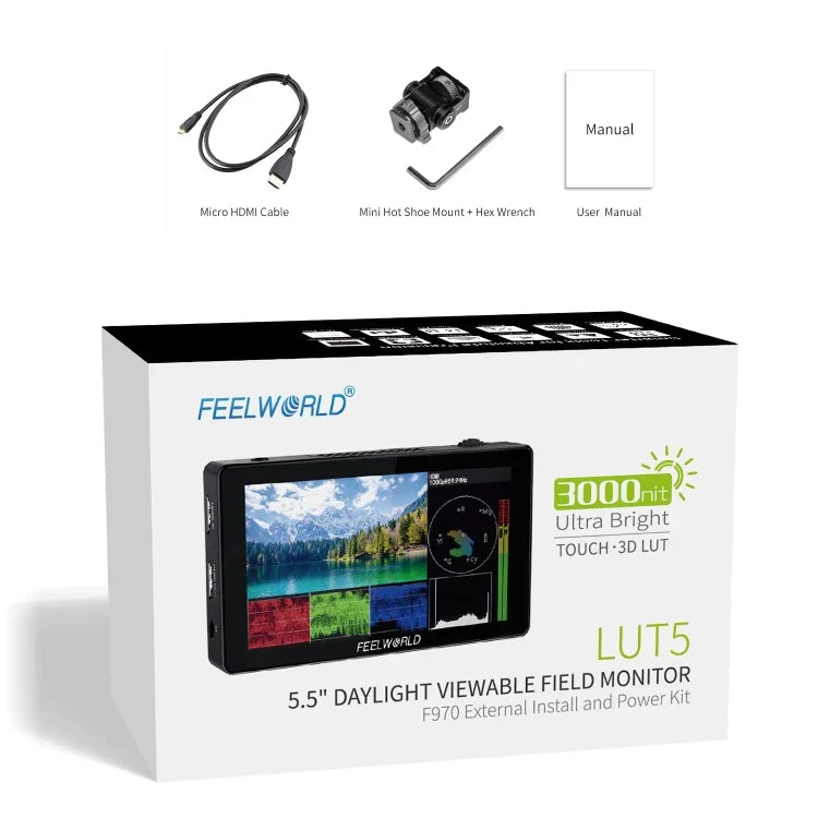 FEELWORLD LUT5 5,5 Zoll Ultraheller 3000-Nit-Touchscreen-Feldmonitor für DSLR-Kameras, LUT5