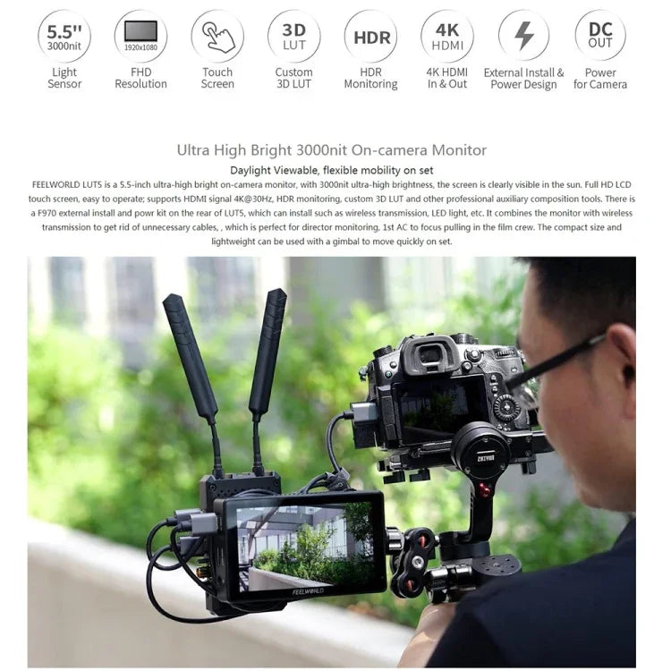 FEELWORLD LUT5 5,5 Zoll Ultraheller 3000-Nit-Touchscreen-Feldmonitor für DSLR-Kameras, LUT5