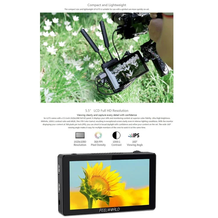FEELWORLD LUT5 5,5 Zoll Ultraheller 3000-Nit-Touchscreen-Feldmonitor für DSLR-Kameras, LUT5
