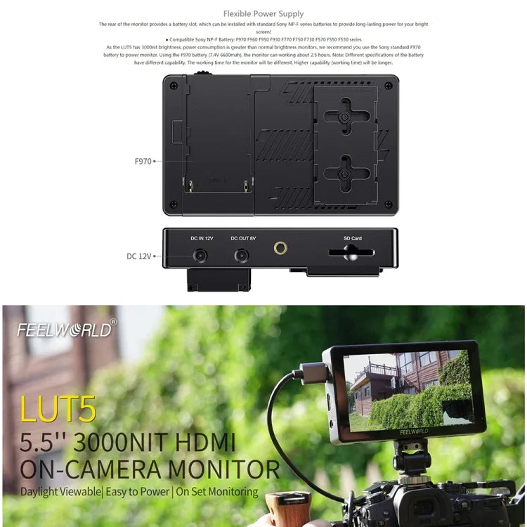 FEELWORLD LUT5 5,5 Zoll Ultraheller 3000-Nit-Touchscreen-Feldmonitor für DSLR-Kameras, LUT5