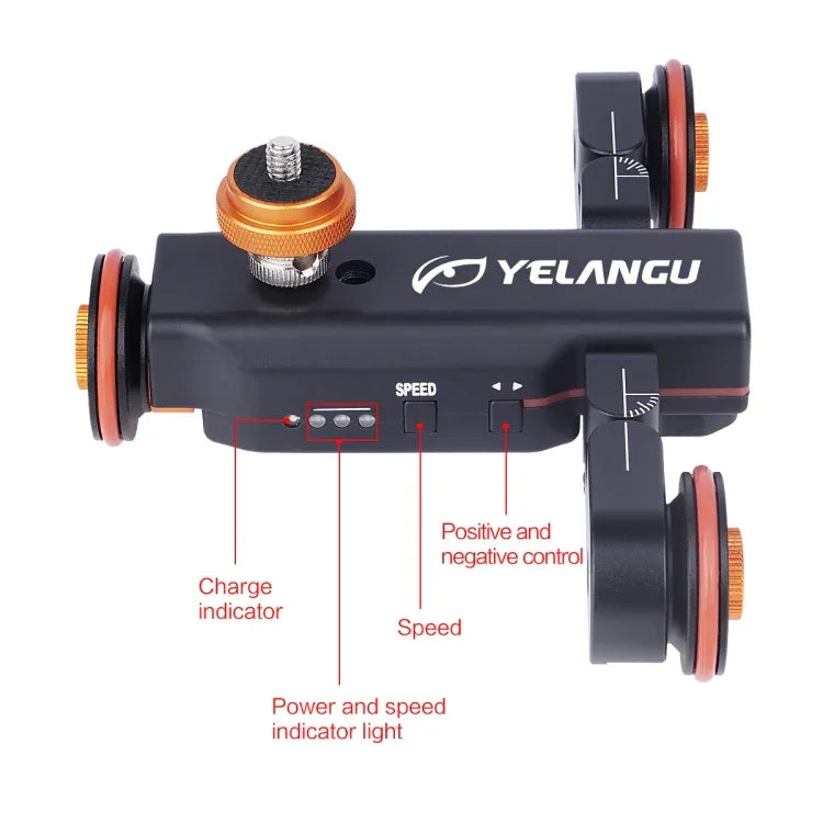 YELANGU L4X Kamerawagen II Elektrischer Schienenslider mit 3 Rädern, inklusive Fernbedienung für DSLR-/Heimkameras, GoPro und Smartphones, Traglast: 3 kg, Schwarz