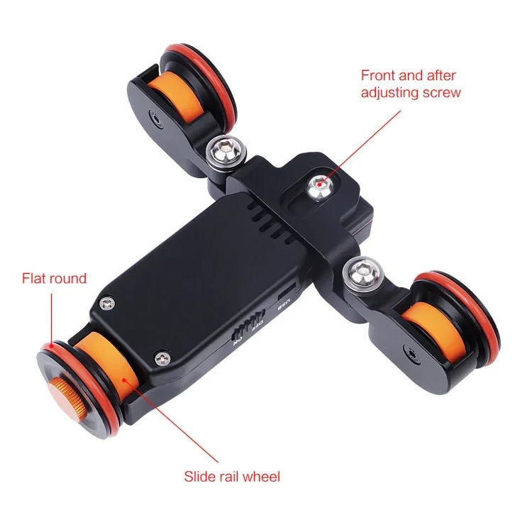 YELANGU L4X Kamerawagen II Elektrischer Schienenslider mit 3 Rädern, inklusive Fernbedienung für DSLR-/Heimkameras, GoPro und Smartphones, Traglast: 3 kg, Schwarz
