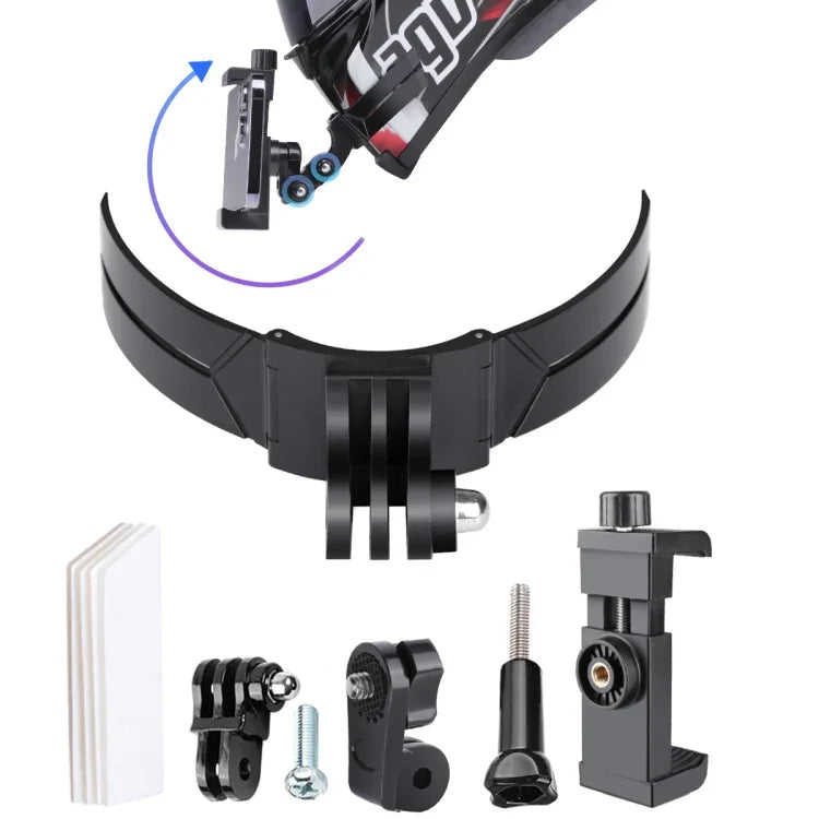 Faltbares, biegsames Action-Kamera-Handy-Helmhalterungsset mit J-Haken-Schnalle, drehbarer Handyklemme und Adapter, faltbare, biegsame Halterung