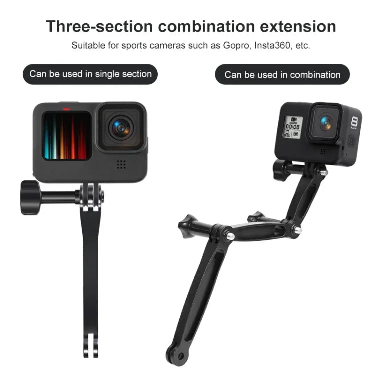 3-in-1-Gelenk-Verlängerungsarm aus Aluminium für GoPro, Insta360, DJI und andere Action-Kameras, 3 in 1