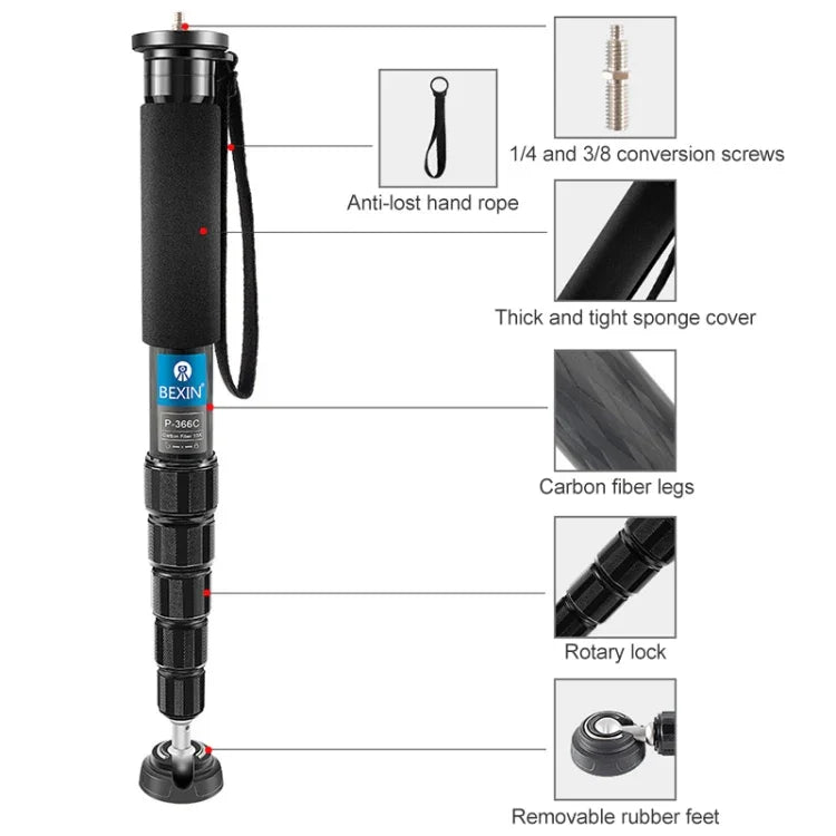 BEXIN P336C Kamera-Einbeinstativ aus Kohlefaser für Reisen, Live-Selfies und mehr, P336C