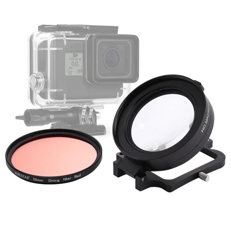 JSR 58mm 16x Makroobjektiv + roter Tauchfilter mit Objektivdeckel + Filterringadapter + Schnur + Reinigungstuch für GoPro HERO6/5 Tauchgehäuse, für HERO6/5