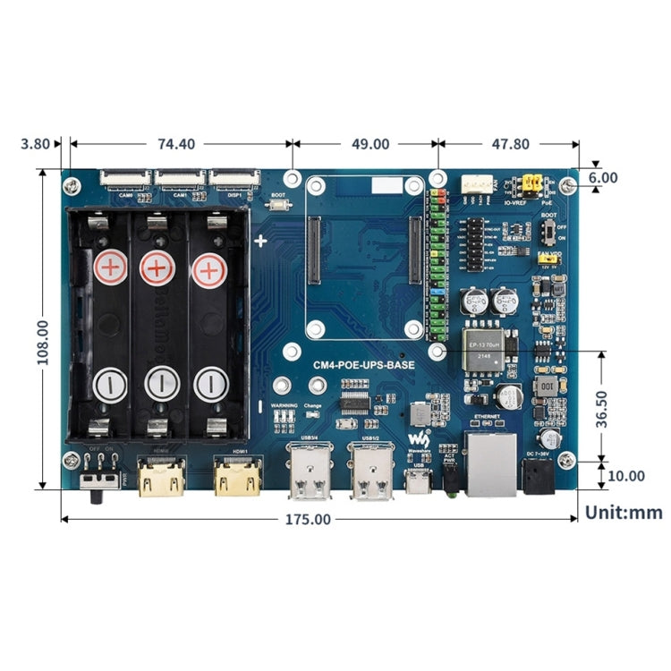 Waveshare PoE UPS Basisplatine für Raspberry Pi CM4, Gigabit Ethernet, Dual HDMI, Quad USB2.0, PoE UPS Basisplatine