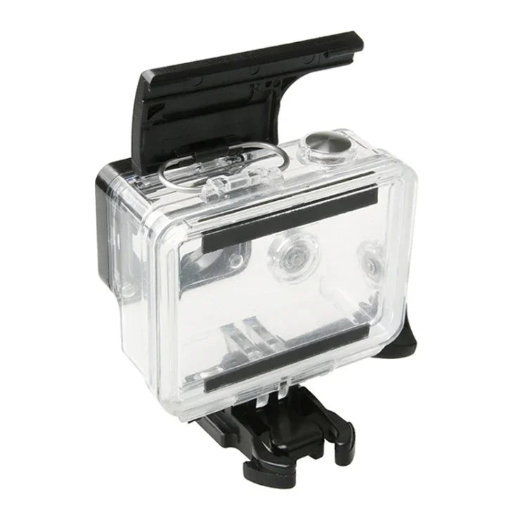 Wasserdichtes Gehäuse aus ABS-Kunststoff für GoPro HERO4/3+ Action-Kameras, inklusive Rücktür-Clip-Verschluss.