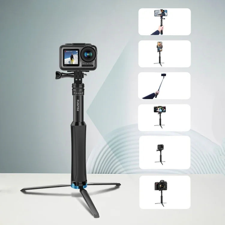 RUIGPRO One-piece Handheld Tripod Selfie Stick Telescopic Monopod Mount for GoPro, Insta360, DJI and Other Action Cameras, Black)