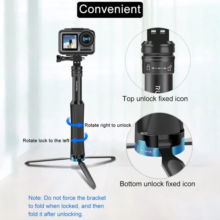 RUIGPRO One-piece Handheld Tripod Selfie Stick Telescopic Monopod Mount for GoPro, Insta360, DJI and Other Action Cameras, Black)