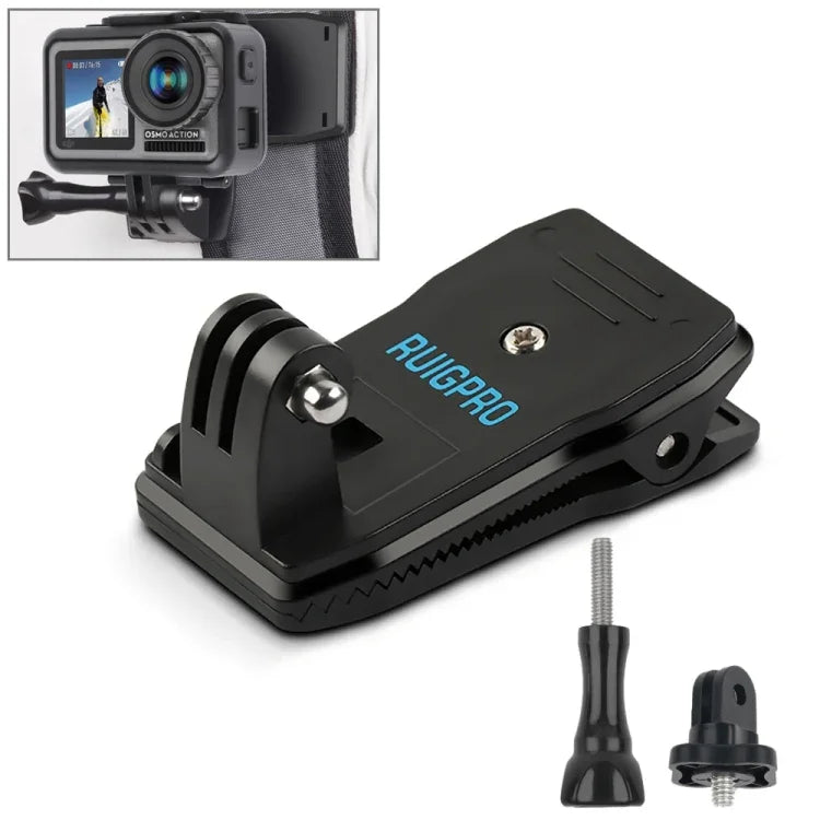 RUIGPRO 360°-Dreh-Rucksackhalterung mit Schraube für GoPro, Insta360, DJI und andere Action-Kameras, 360°-Drehclip