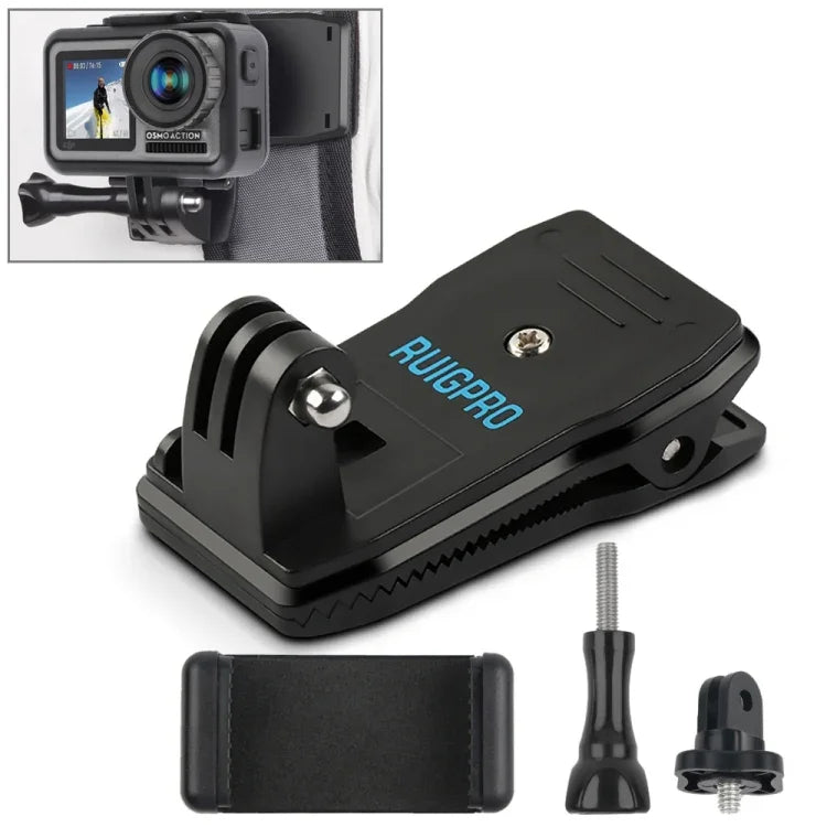 RUIGPRO 360° drehbare Rucksackhalterung mit Klemme und Handyhalterung für GoPro, Insta360, DJI und andere Action-Kameras, Rec-Mounts+Clamp