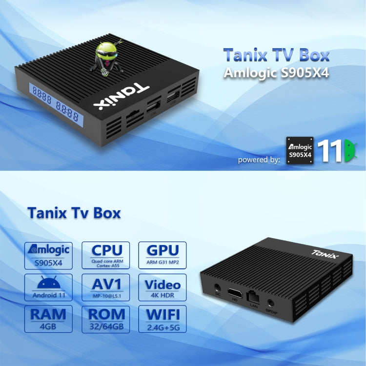 Tanix X4 Android 11 Smart TV Box, Amlogic S905X4 Quad-Core, 4GB+64GB, Dual Wifi, BT, 4GB+64GB