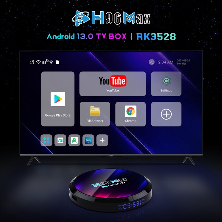 H96 Max 8K Ultra HD Smart TV Box Android 13.0 Mediaplayer mit Fernbedienung, RK3528 Quad-Core, 4GB+64GB, 4GB+64GB