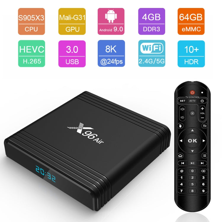 X96 Air 8K Smart TV BOX Android 9.0 Mediaplayer mit Fernbedienung, Quad-Core Amlogic S905X3, RAM: 4GB, ROM: 32GB, Dual-Band WiFi, Bluetooth, AU-Stecker, 4GB+32GB