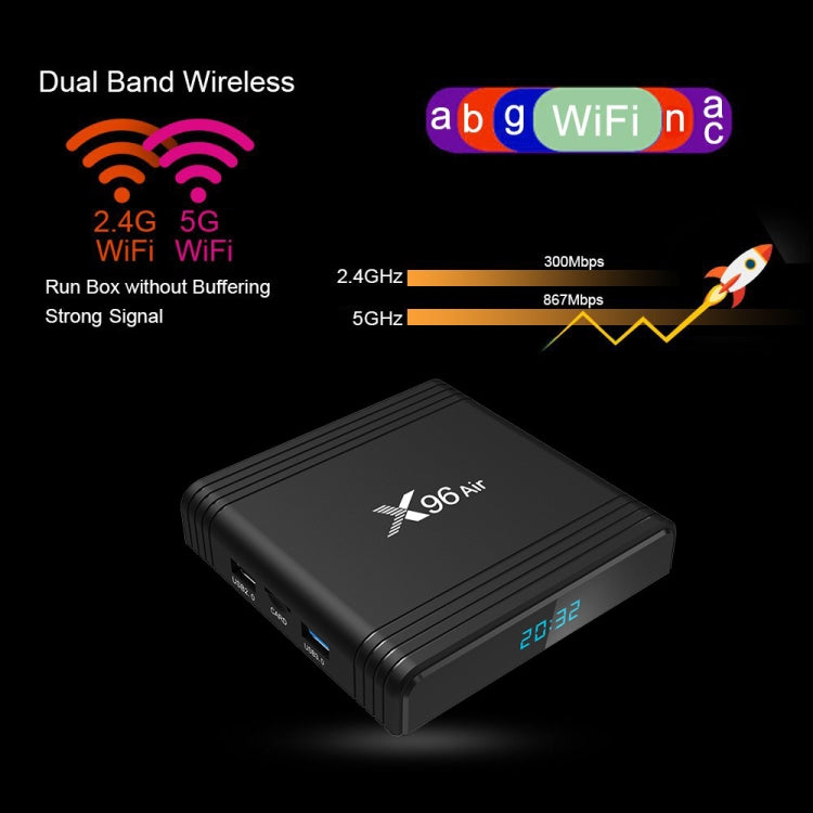 X96 Air 8K Smart TV BOX Android 9.0 Mediaplayer mit Fernbedienung, Quad-Core Amlogic S905X3, RAM: 4GB, ROM: 32GB, Dual-Band WiFi, Bluetooth, AU-Stecker, 4GB+32GB