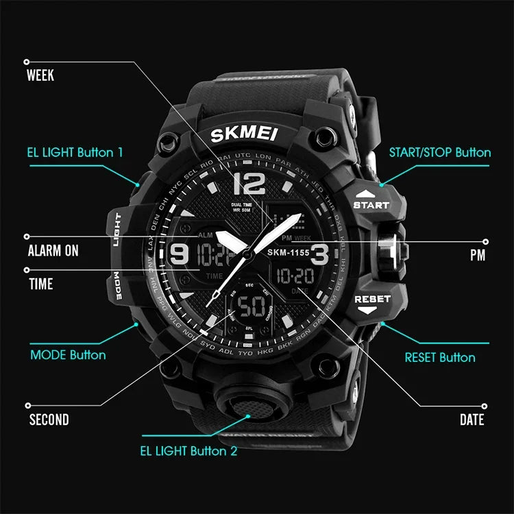 SKMEI 1155B Multifunktionale Herren Outdoor-Sport Armbanduhr mit großem Zifferblatt, wasserdicht und nachtleuchtend