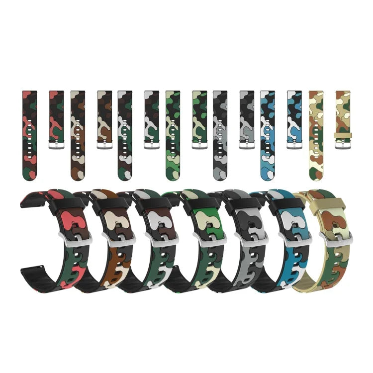 Silikon-Ersatzarmband in Tarnmuster mit silberner Schließe, 20 mm für Samsung Galaxy Watch 3 (41 mm), 22 mm für Samsung Galaxy Watch 3 (45 mm), 20 mm für Samsung Galaxy Watch Active2 (44 mm), 20 mm für Huawei Watch GT 2 (42 mm) ...
