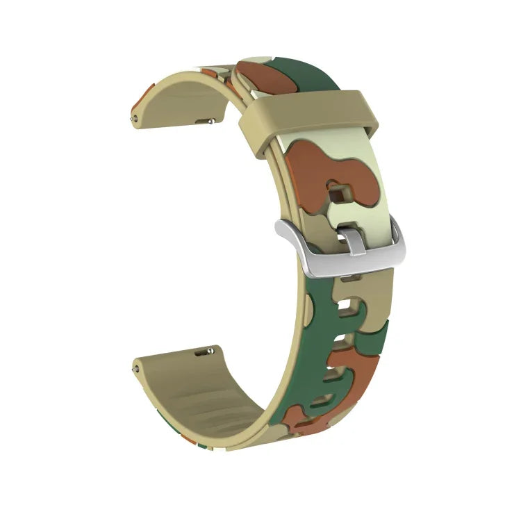 Silikon-Ersatzarmband in Tarnmuster mit silberner Schließe, 20 mm für Samsung Galaxy Watch 3 (41 mm), 22 mm für Samsung Galaxy Watch 3 (45 mm), 20 mm für Samsung Galaxy Watch Active2 (44 mm), 20 mm für Huawei Watch GT 2 (42 mm) ...