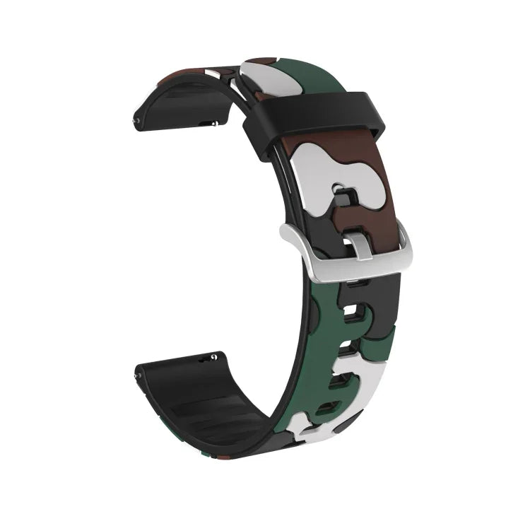 Silikon-Ersatzarmband in Tarnmuster mit silberner Schließe, 20 mm für Samsung Galaxy Watch 3 (41 mm), 22 mm für Samsung Galaxy Watch 3 (45 mm), 20 mm für Samsung Galaxy Watch Active2 (44 mm), 20 mm für Huawei Watch GT 2 (42 mm) ...