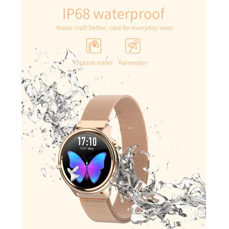 F80 Damen-Smartwatch mit 1,3-Zoll-TFT-Farbdisplay, IP68 wasserdicht, unterstützt Körpertemperaturmessung, Blutdruckmessung und Menstruationszyklus-Erinnerung