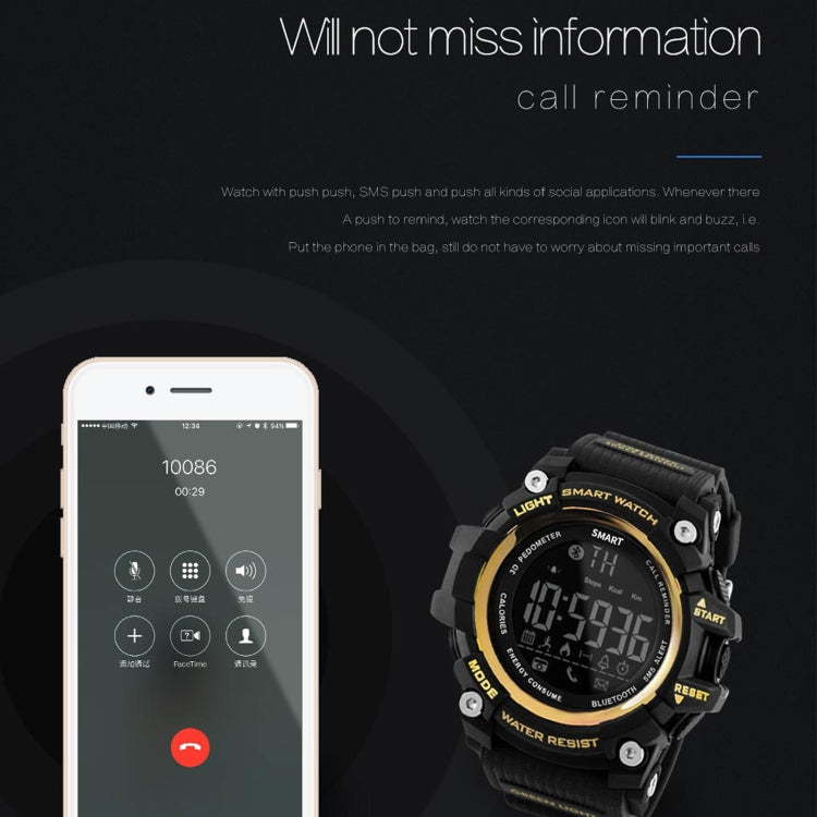 Lokmat MK16 Smartwatch mit LCD-Bildschirm, wasserdicht bis 50 m, unterstützt Benachrichtigungen, Fernauslöser für die Kamera und Bewegungserkennung.