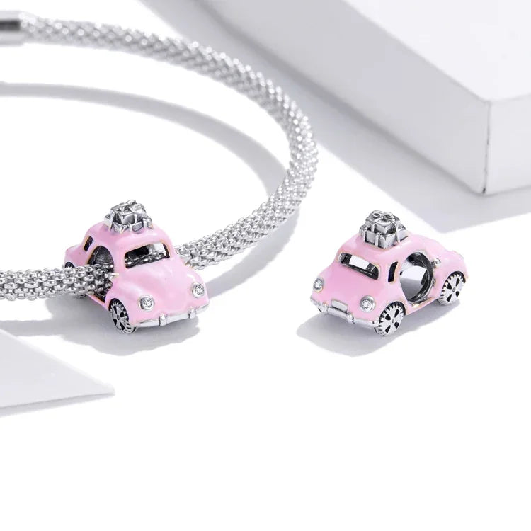 S925 Sterling Silber Rosa Auto Perlen DIY Armband Halskette Accessoires, Rosa Auto