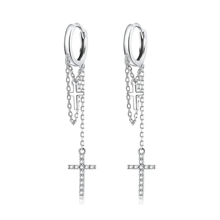 Ohrringe mit langem Quastenkreuz aus 925er Sterlingsilber für Damen