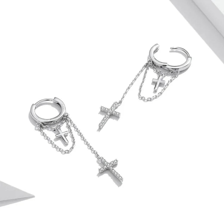 Ohrringe mit langem Quastenkreuz aus 925er Sterlingsilber für Damen