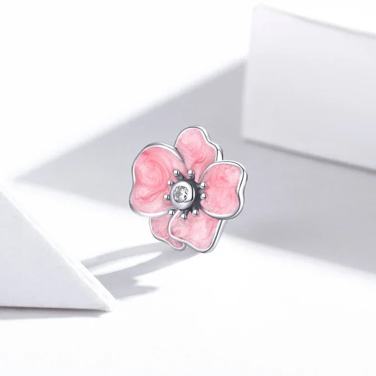 S925 Sterling Silber Perlen mit rosa Blüten, DIY Armband Halskette Accessoires, rosa Blume