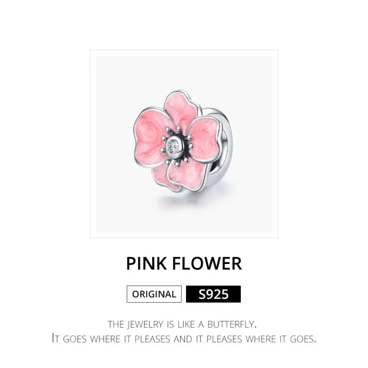 S925 Sterling Silber Perlen mit rosa Blüten, DIY Armband Halskette Accessoires, rosa Blume