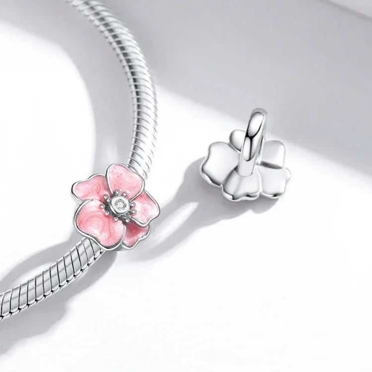 S925 Sterling Silber Perlen mit rosa Blüten, DIY Armband Halskette Accessoires, rosa Blume