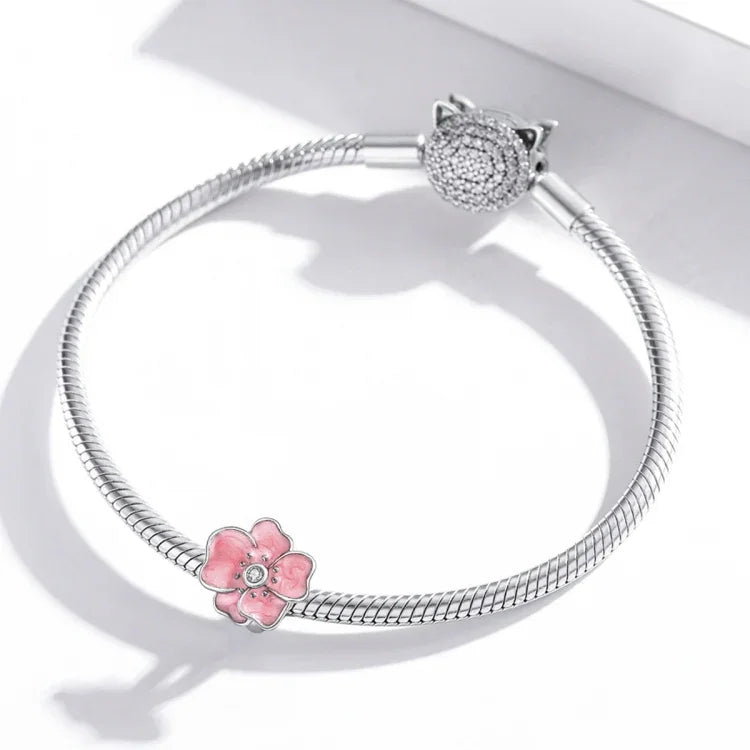 S925 Sterling Silber Perlen mit rosa Blüten, DIY Armband Halskette Accessoires, rosa Blume